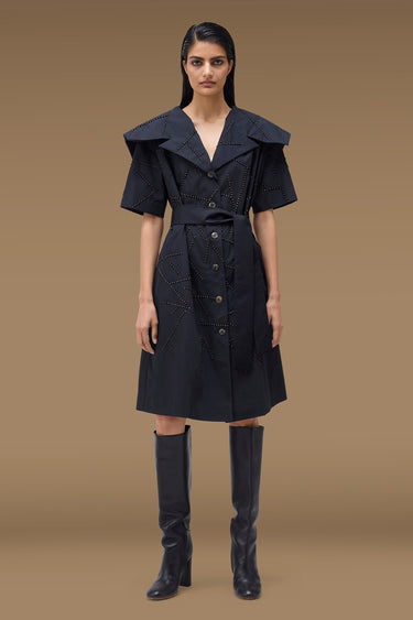 Premium Beaded Wide Collar Belted Shirt Dress - Cotton Poplin