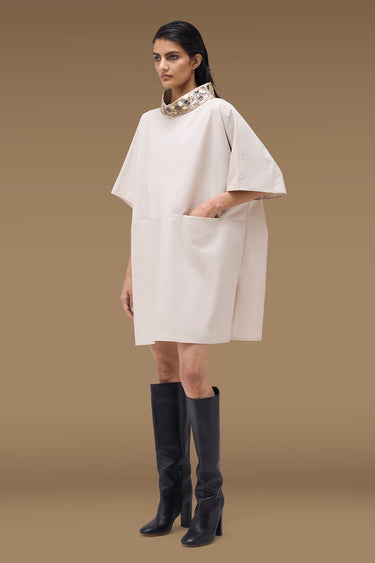 Premium Fawn Cotton Lycra Embellished Oversize Dress