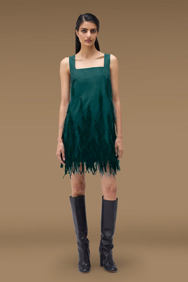 Premium Feather Trim Sleeveless Mini Dress - Cotton Poplin