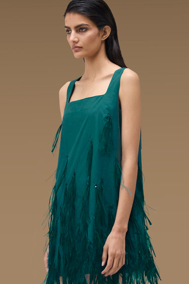 Premium Feather Trim Sleeveless Mini Dress - Cotton Poplin