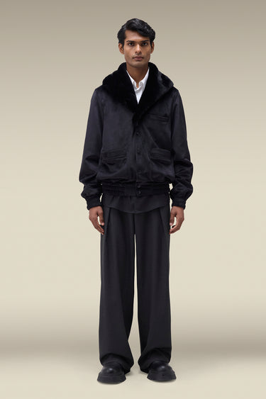 Premium Fur Collar Corduroy Jacket in Black