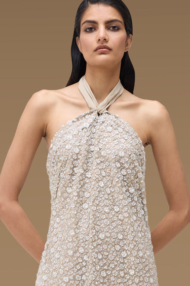 Premium Fawn Embroidered Tulle Halter Dress