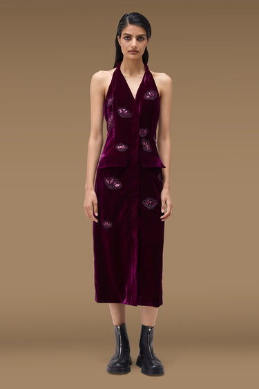 Premium Stone Applique Halter Midi Dress - Velvet