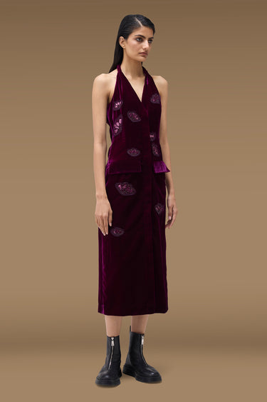 Premium Stone Applique Halter Midi Dress - Velvet