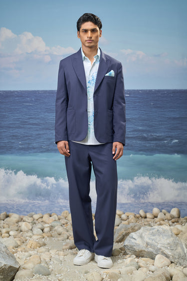 Navy poly viscose jacket for men showing smooth breathable fabric texture