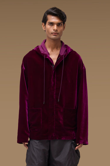 Premium Velvet Hooded Jacket in Deep Purple