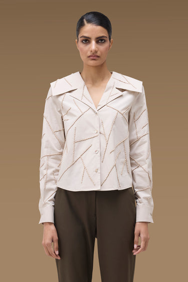 Premium Cord Embroidered Wide Collar Cropped Shirt - Cotton Poplin