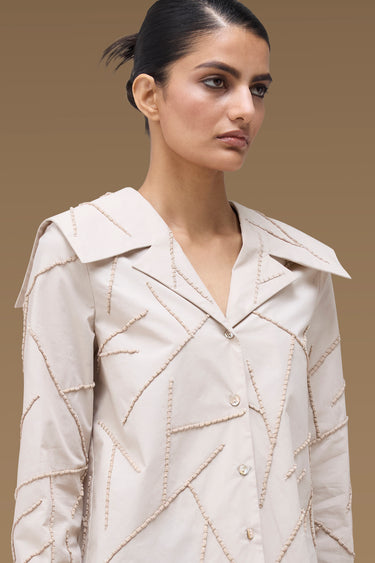 Premium Cord Embroidered Wide Collar Cropped Shirt - Cotton Poplin