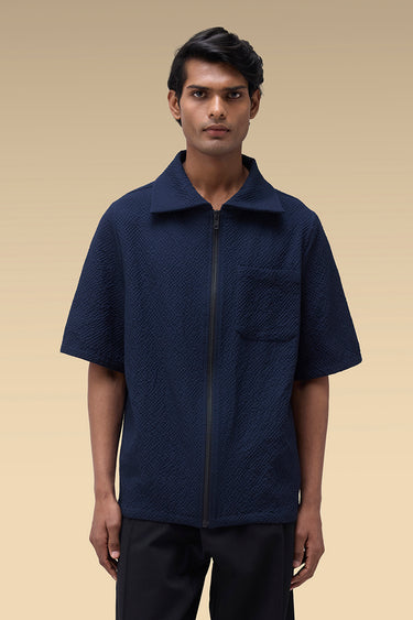 Premium Navy Seersucker Zip-Front Shirt