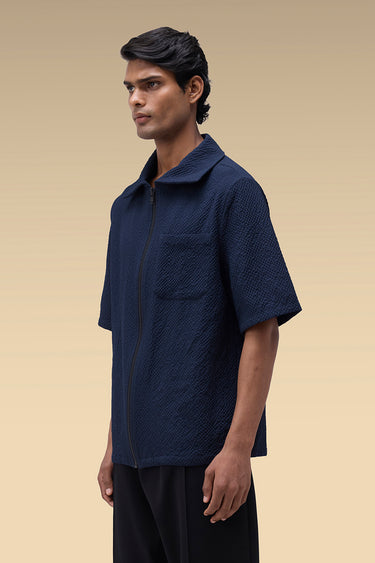 Premium Navy Seersucker Zip-Front Shirt