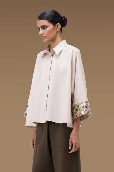 Premium Fawn Cotton Lycra Embellished Oversize Shirt