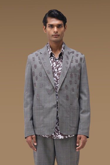 Premium Textured Check Tailored Jacket in Grey