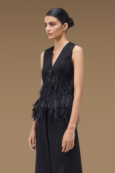 Premium Black Poly Mesh Ostrich Feather / Raffia Fringe Embellished Top