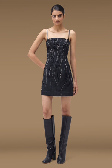 Premium Black Poly Wool Embellished Mini Dress