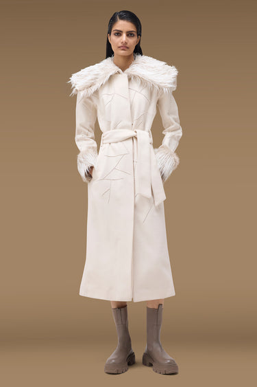 Premium Faux Fur Collar Beaded Long Coat - Poly Rayon