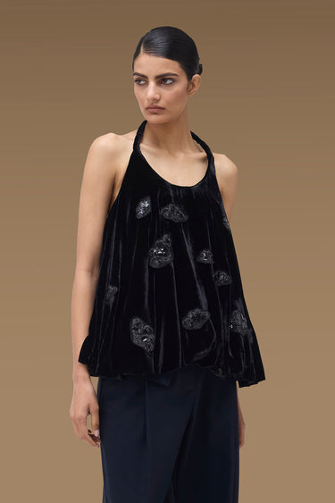 Premium Stone Applique Bubble Hem Halter Top - Velvet