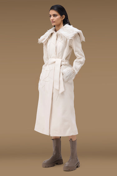 Premium Faux Fur Collar Beaded Long Coat - Poly Rayon