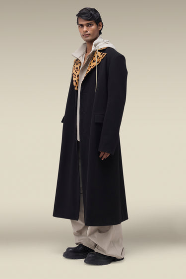 Premium Leopard-Lined Lapel Coat in Black