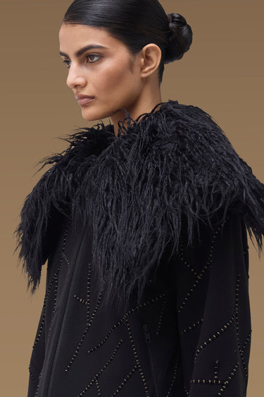 Premium Faux Fur Collar Studded Biker Jacket - Poly Rayon