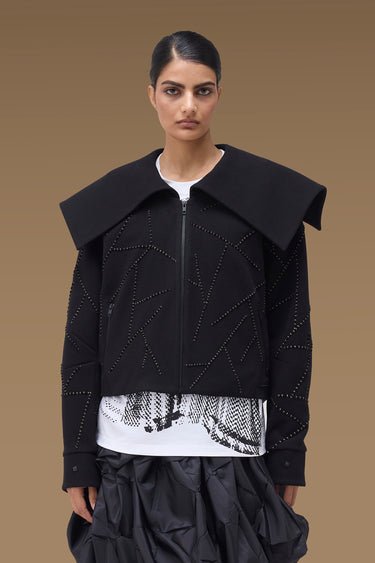 Premium Faux Fur Collar Studded Biker Jacket - Poly Rayon