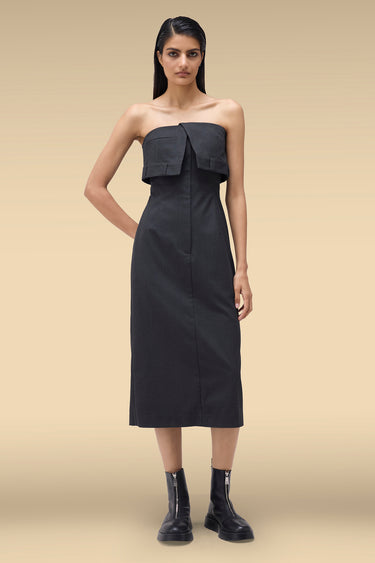 Premium Foldover Bust Strapless Midi Dress - Dobby Viscose