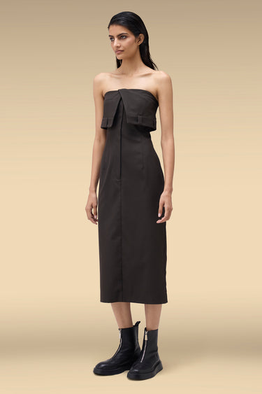 Premium Foldover Bust Strapless Midi Dress - Dobby Viscose