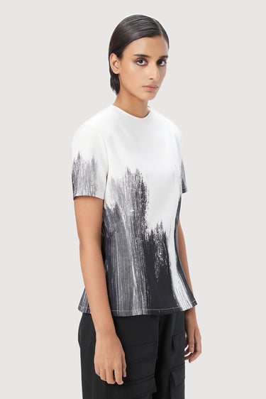 Slim Fit Raised Neck Top with Dart and Brush Stroke Print - Genes Lecoanet Hemant