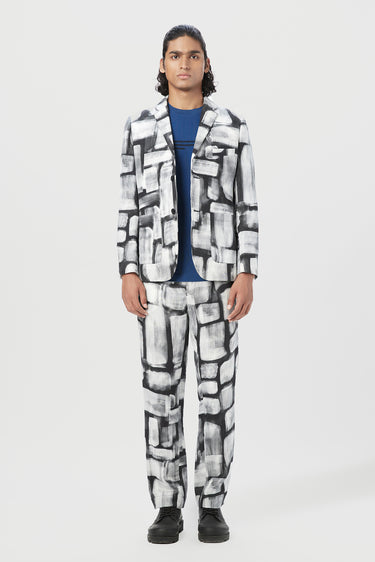 Regular Fit Two-Button Jacket with Overall Abstract Check Print - Genes Lecoanet Hemant