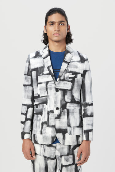 Regular Fit Two-Button Jacket with Overall Abstract Check Print - Genes Lecoanet Hemant