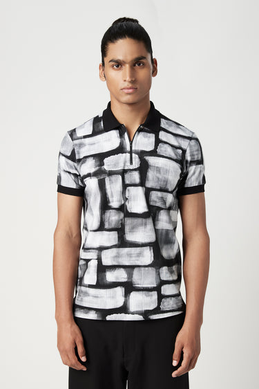 Regular Fit Polo T-Shirt with All-Over Abstract Check Print - Genes Lecoanet Hemant