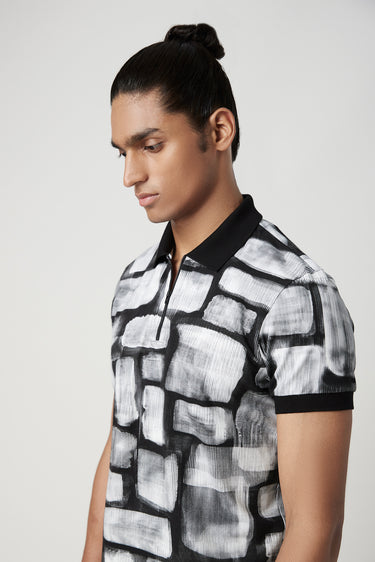 Regular Fit Polo T-Shirt with All-Over Abstract Check Print - Genes Lecoanet Hemant
