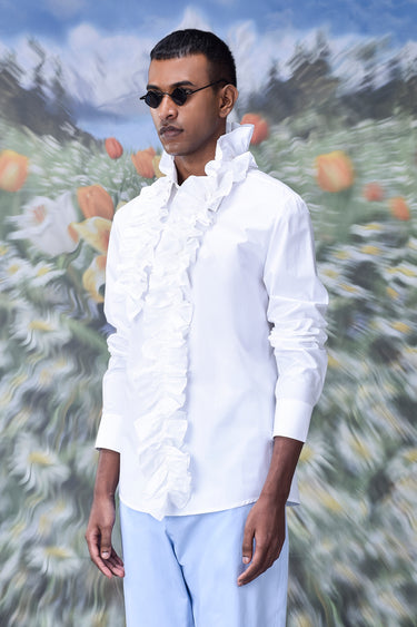 Detachable Ruffle Collar Regular Fit Shirt- White - Genes Online Store
