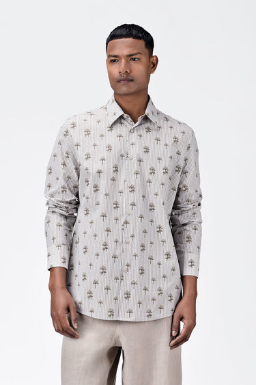 Cotton Poplin Regular Fit Shirt with Palm Stripes Print-Sand - Genes Lecoanet Hemant