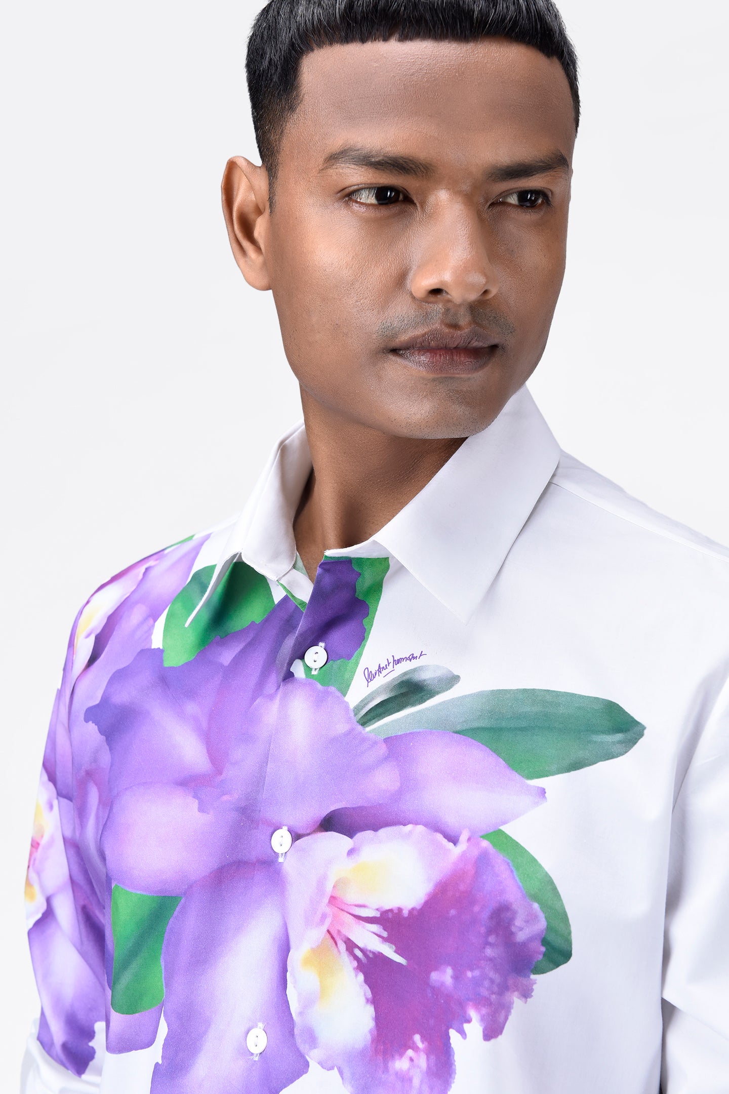 Regular Fit Men's Button-Down Shirt With Orchid Floral Print Placement
