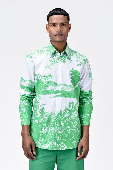 Landscape Print Regular Fit Men's Button-Up Shirt-Spring Green - Genes Lecoanet Hemant