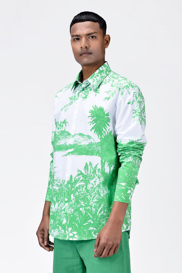 Landscape Print Regular Fit Men's Button-Up Shirt-Spring Green - Genes Lecoanet Hemant