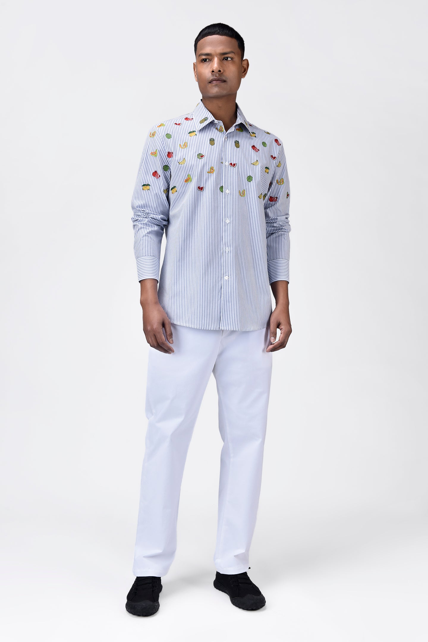 Fruit Motifs Embroidered Striped Men's Button-Down Shirt
