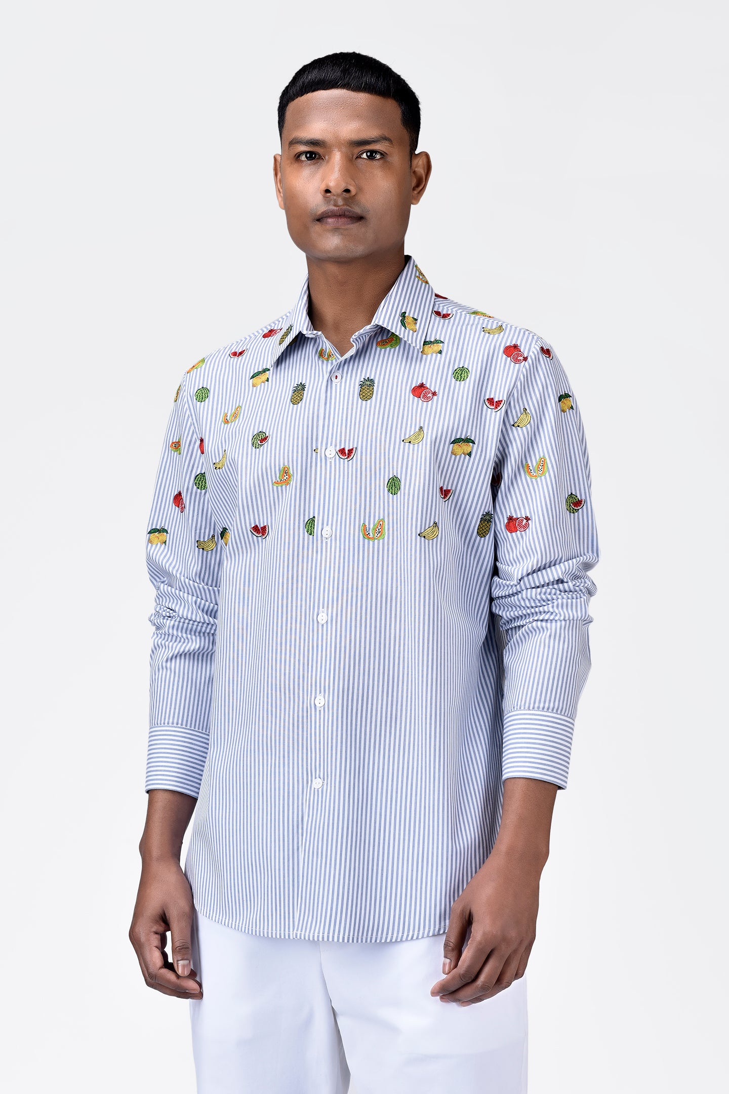Fruit Motifs Embroidered Striped Men's Button-Down Shirt