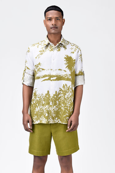 Regular Fit Light Linen Shirt with Landscape Print