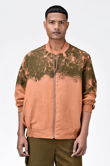 Easy Fit Linen Herringbone Bomber with Canopy Print - Salmon