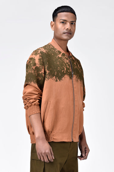 Easy Fit Linen Herringbone Bomber with Canopy Print - Salmon