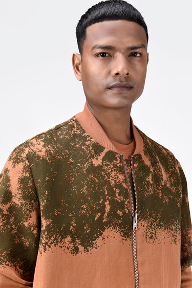 Easy Fit Linen Herringbone Bomber with Canopy Print - Salmon