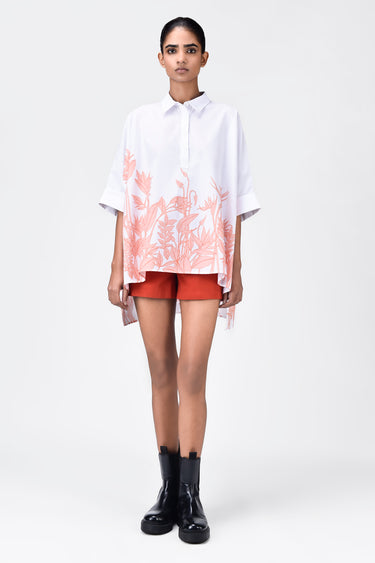 Oversized Shirt with Tropical Print and High-Low Hem White & Red - Genes Lecoanet Hemant