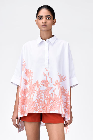 Oversized Shirt with Tropical Print and High-Low Hem White & Red - Genes Lecoanet Hemant