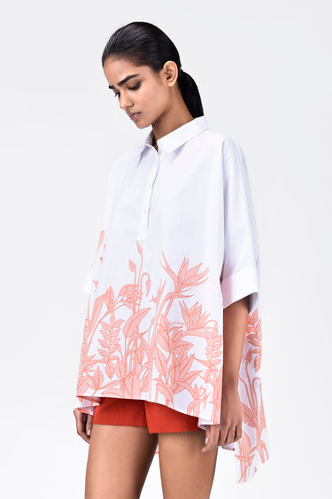 Oversized Shirt with Tropical Print and High-Low Hem White & Red - Genes Lecoanet Hemant