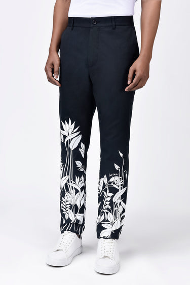 Regular Fit Linen Herringbone Trouser with Tropical Print