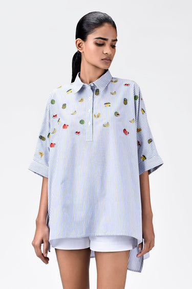Oversized Cotton Shirt With Fruit Motifs Embroidery Blue Stripe - Genes Lecoanet Hemant