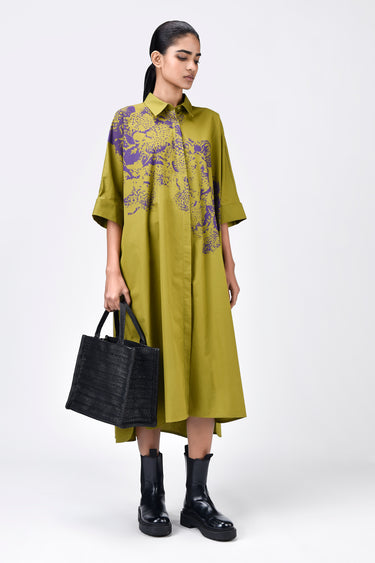 Women's Orchid Print Oversized Cotton Poplin Shirt Dress -Bright Olive - Genes Lecoanet Hemant