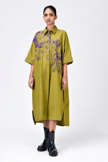 Women's Orchid Print Oversized Cotton Poplin Shirt Dress -Bright Olive - Genes Lecoanet Hemant