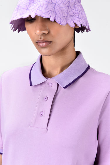 Tropical Print Polo Dress with Contrast Tipping - Lavender - Genes Lecoanet Hemant